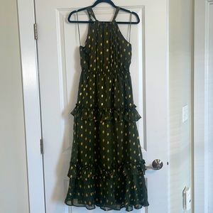 Endless Rose Olive Green With Gold Polka Dots Tiered Midi Halter Dress - size S